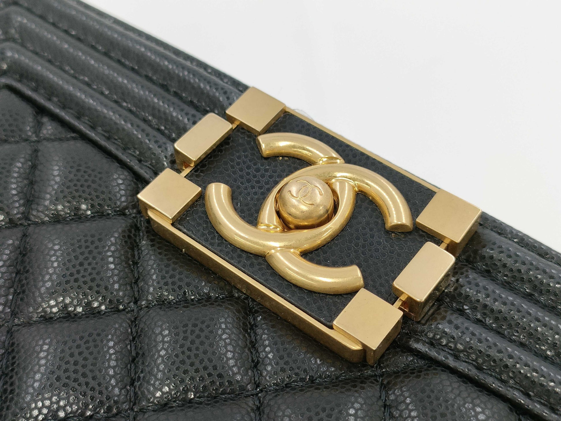 CHANEL Matelasse Top Handle Boy Caviar Black Handbag with Gold Hardware and Serial Number Plate