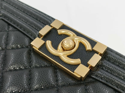 CHANEL Matelasse Top Handle Boy Caviar Black Handbag with Gold Hardware and Serial Number Plate