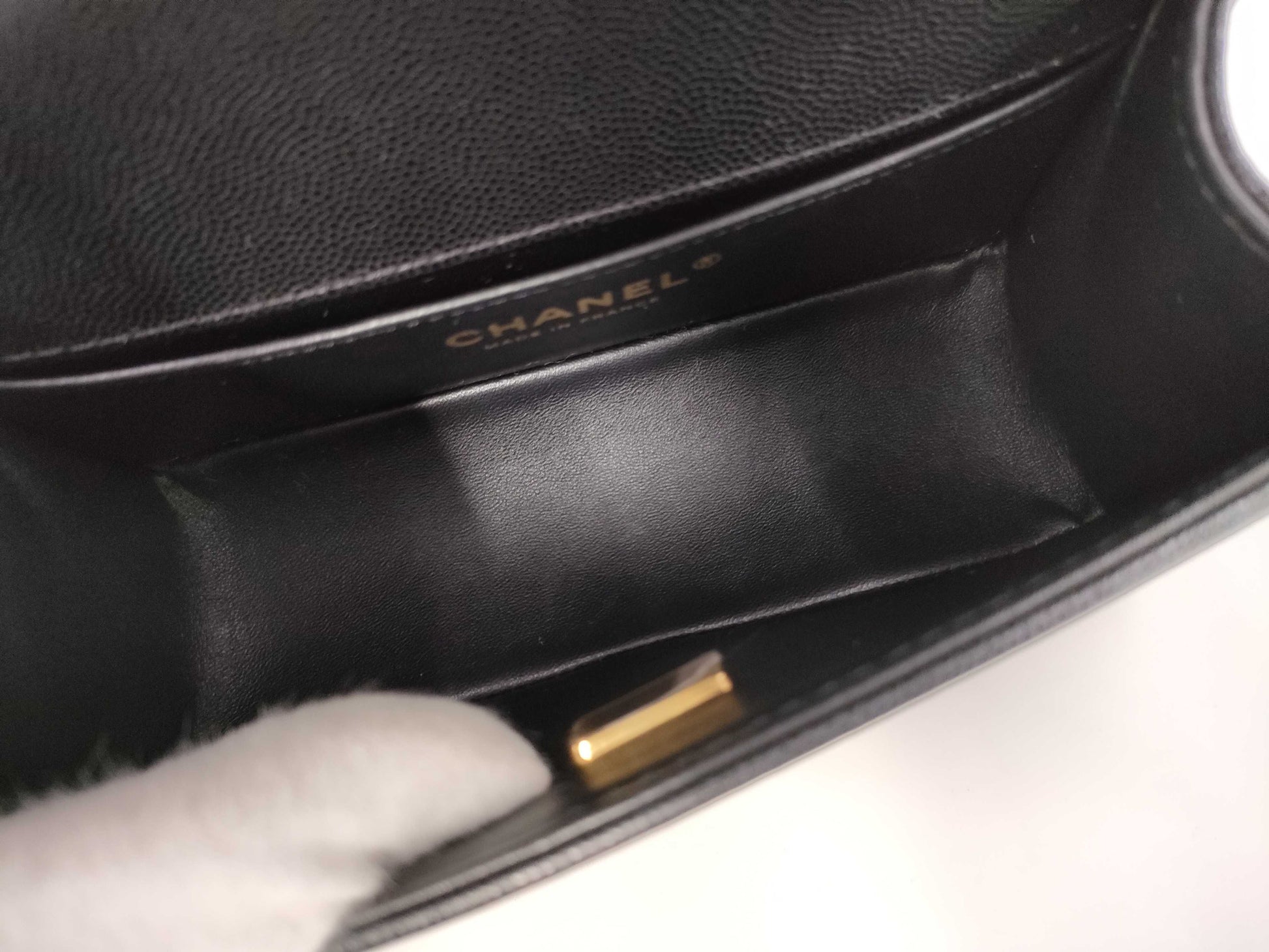 CHANEL Matelasse Top Handle Boy Caviar Black Handbag with Gold Hardware and Serial Number Plate