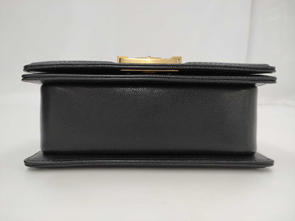 CHANEL Matelasse Top Handle Boy Caviar Black Handbag with Gold Hardware and Serial Number Plate
