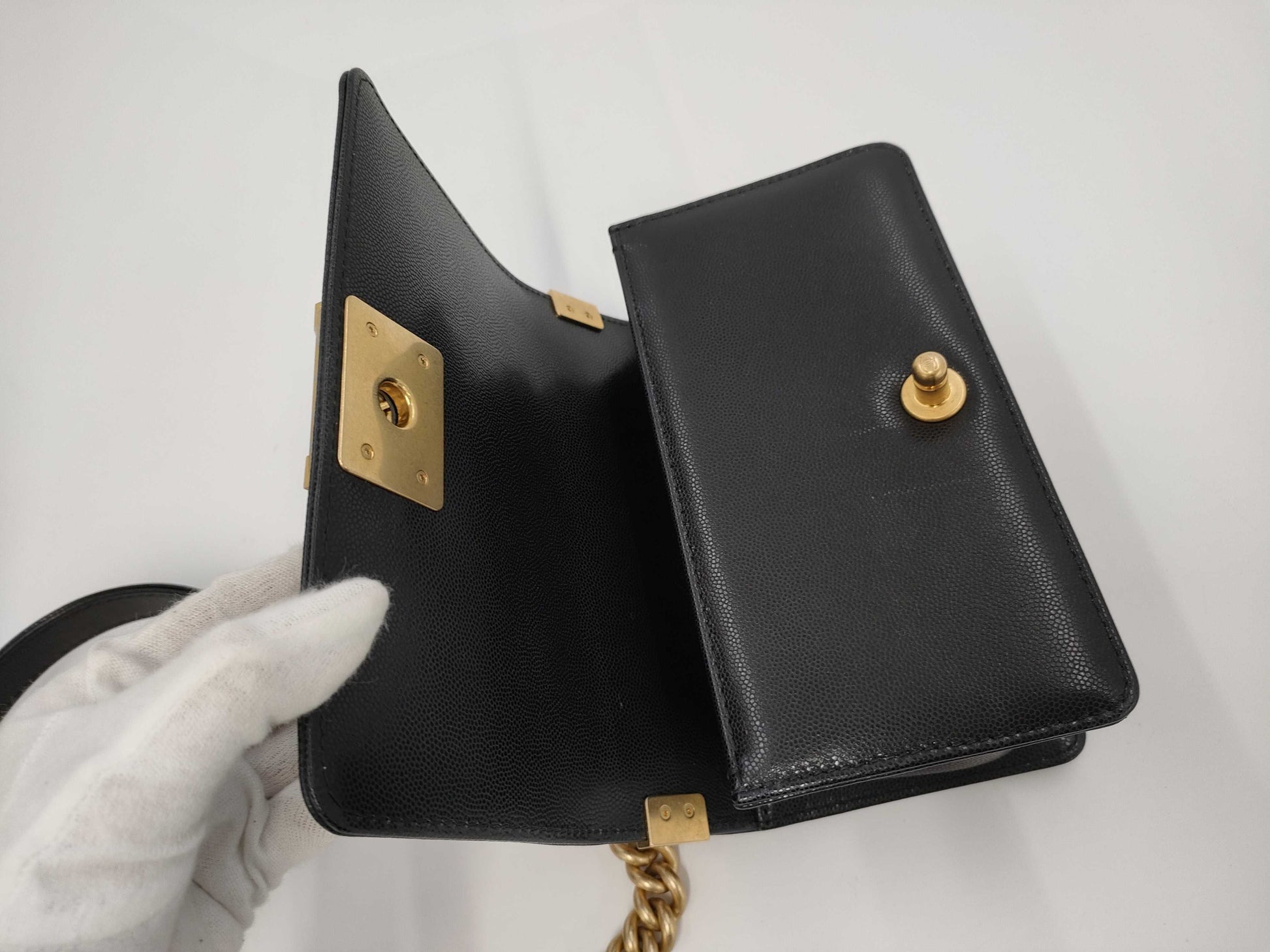 CHANEL Matelasse Top Handle Boy Caviar Black Handbag with Gold Hardware and Serial Number Plate