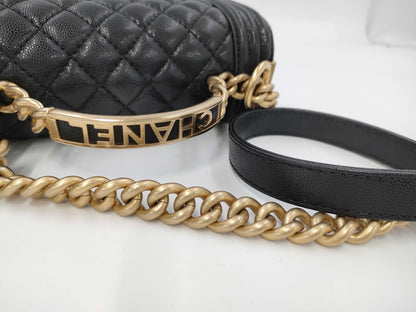 CHANEL Matelasse Top Handle Boy Caviar Black Handbag with Gold Hardware and Serial Number Plate