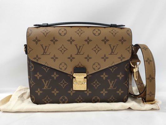 LOUIS VUITTON Metis MM Pochette Handbag, Brown PVC Coated Canvas with Gold Hardware, M44876 FO0169, Shoulder Strap, Dust Bag