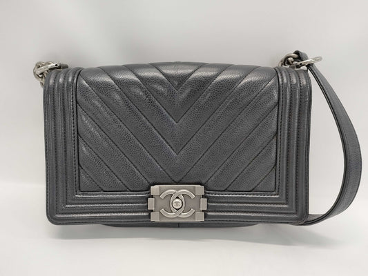 CHANEL Boy Chanel 25 Caviar Leather V-Stitch Chain Shoulder Bag with Seal