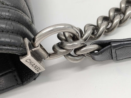 CHANEL Boy Chanel 25 Caviar Leather V-Stitch Chain Shoulder Bag with Seal