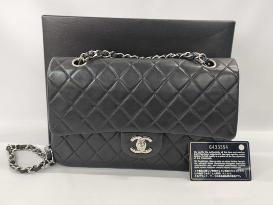 CHANEL Chain Shoulder Bag / Matelasse / 25cm / Double Flap / Lambskin / Black / Card Sticker Included, No. 6