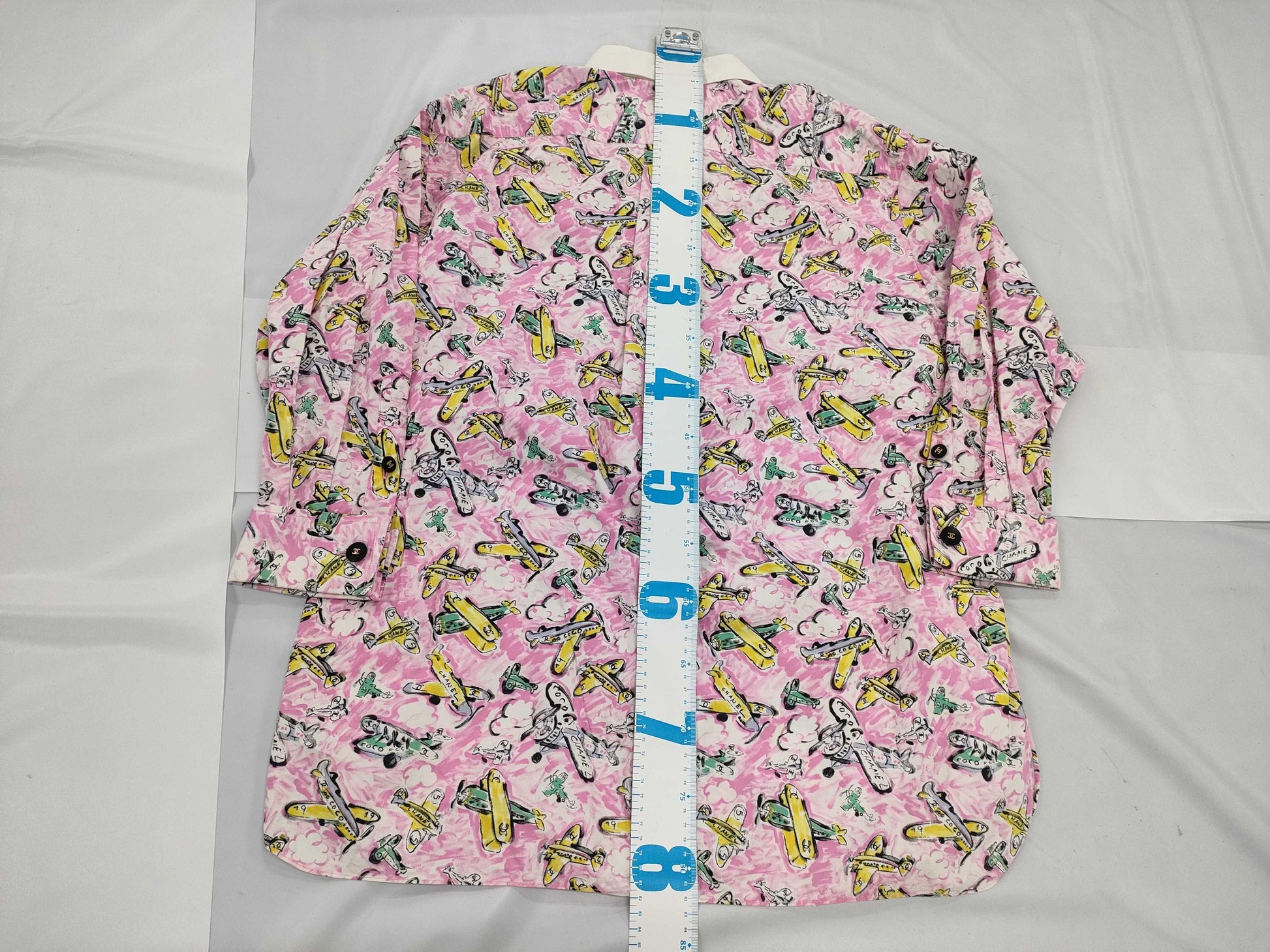 CHANEL Coco Button Shirt with Airplane Print, Size 38