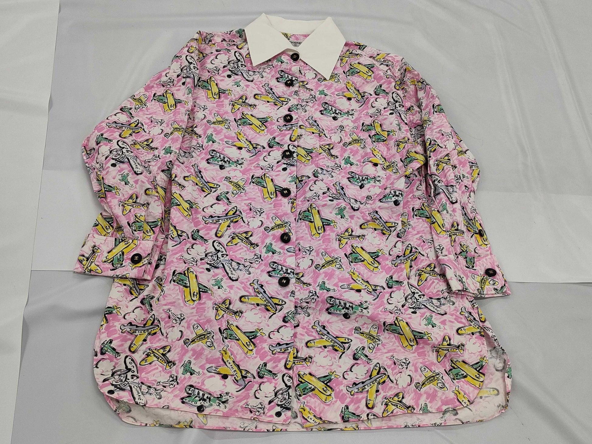 CHANEL Coco Button Shirt with Airplane Print, Size 38