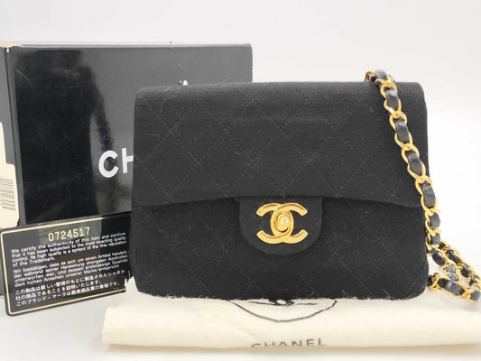 CHANEL Cotton Mini Matelasse 18 Shoulder Bag with Gold Hardware in Black