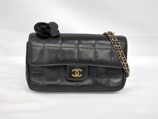 CHANEL Lambskin Chocolate Bar with Camellia Charm Chain Shoulder Bag