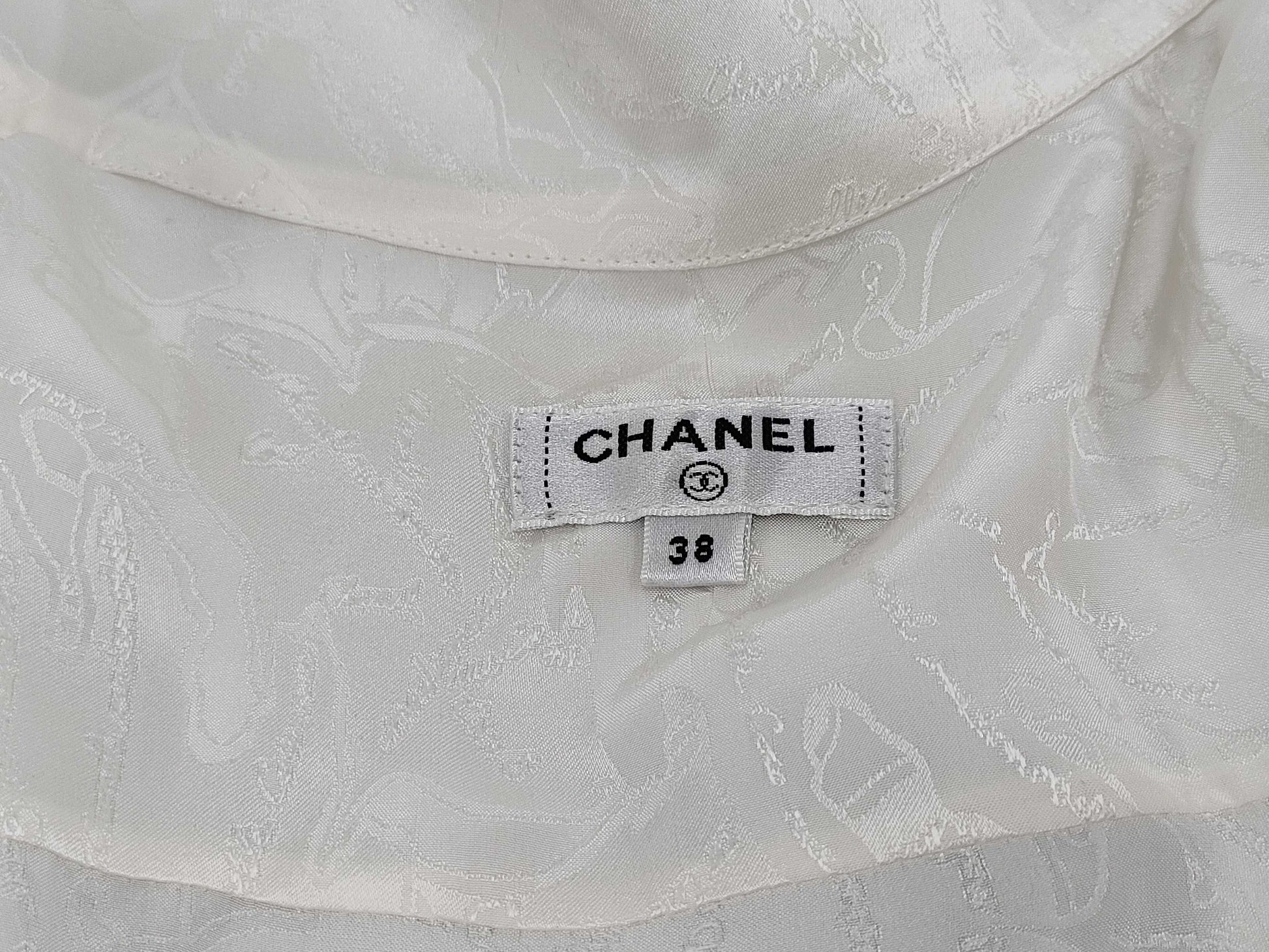 CHANEL All-Logo Graffiti Silk Shirt with Waist Ribbon and Pearl Buttons, Size 38