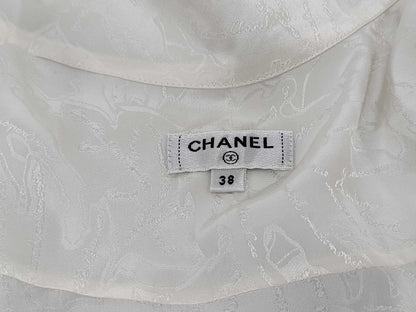 CHANEL All-Logo Graffiti Silk Shirt with Waist Ribbon and Pearl Buttons, Size 38