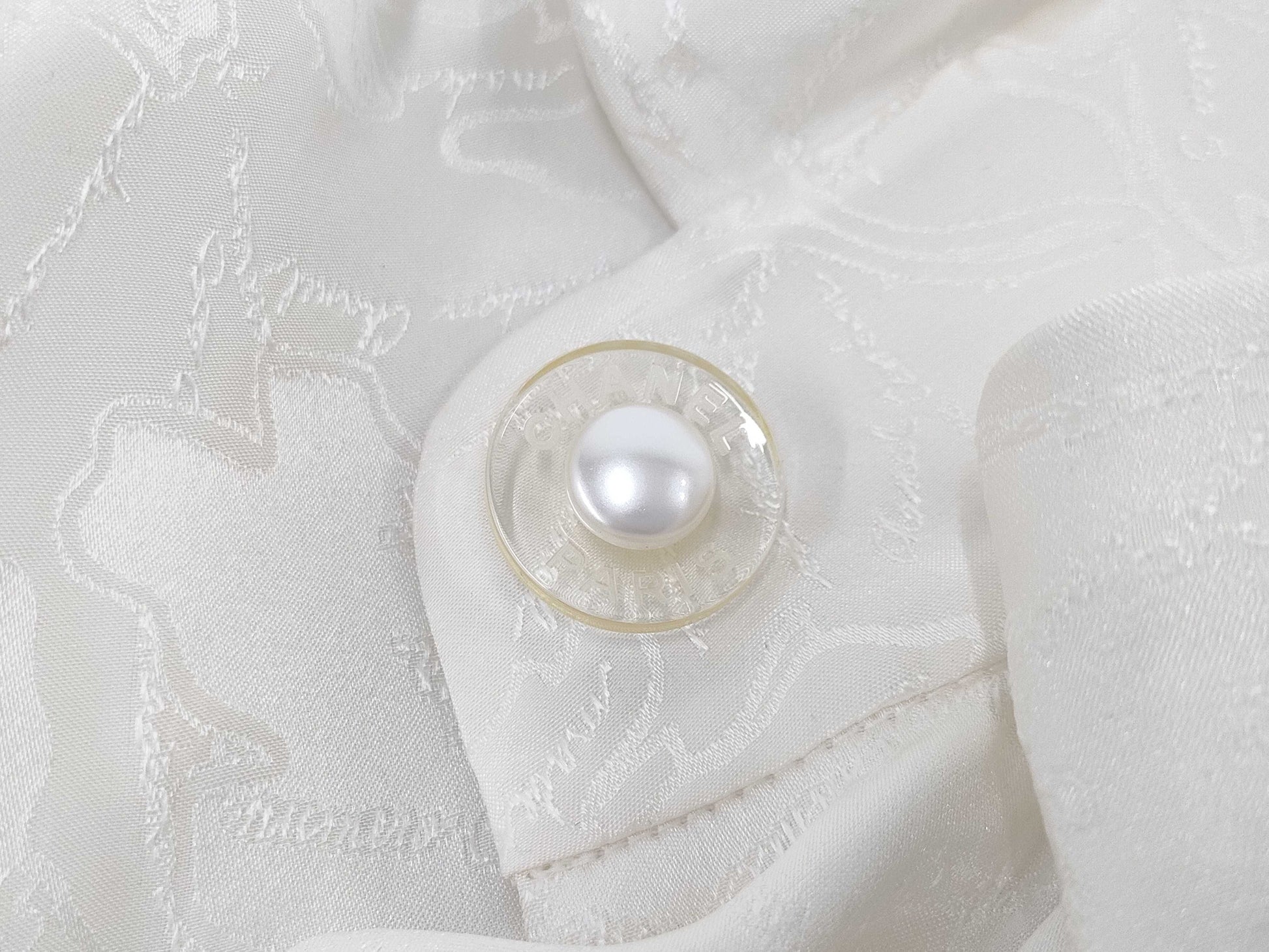 CHANEL All-Logo Graffiti Silk Shirt with Waist Ribbon and Pearl Buttons, Size 38