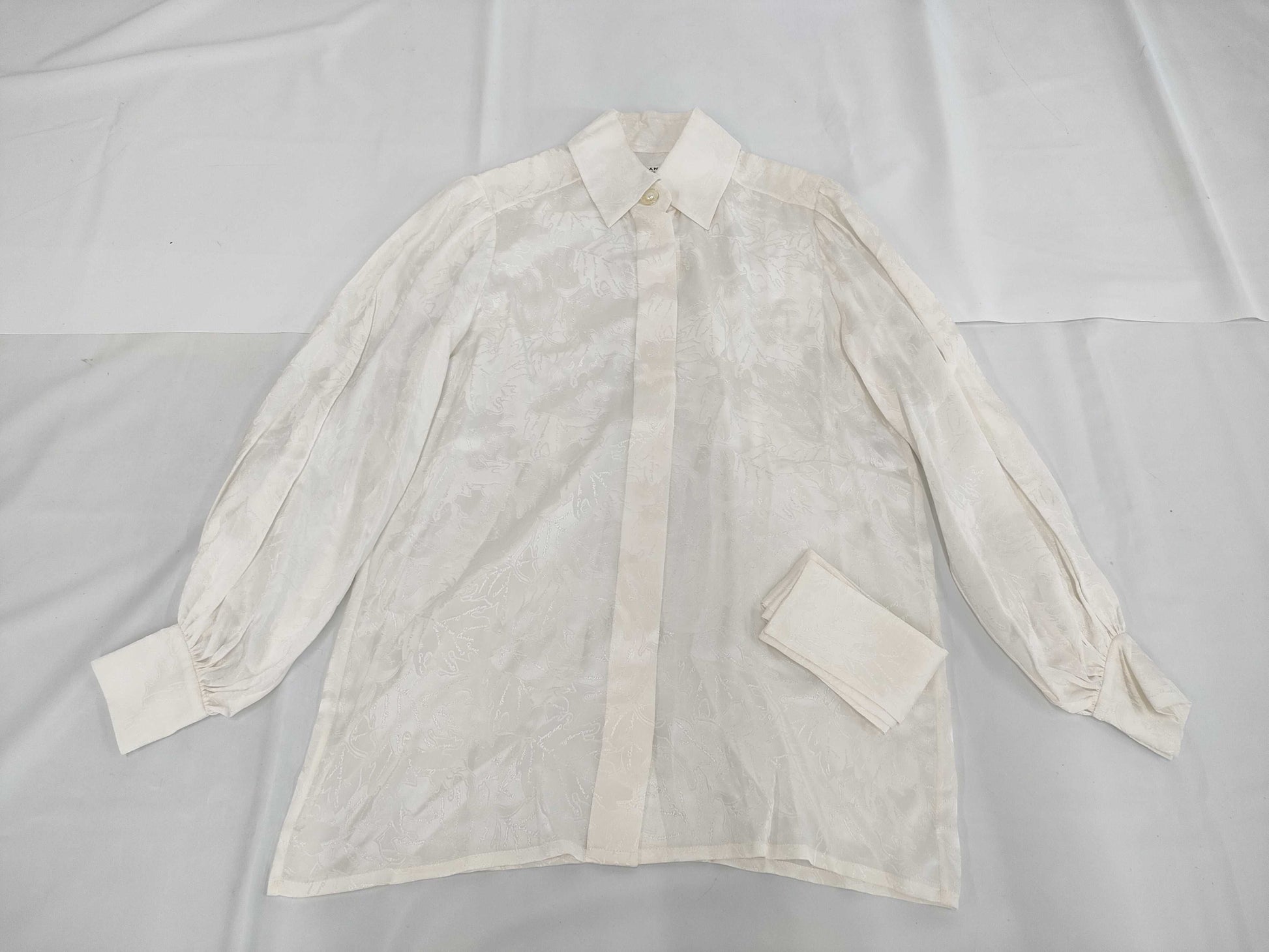 CHANEL All-Logo Graffiti Silk Shirt with Waist Ribbon and Pearl Buttons, Size 38