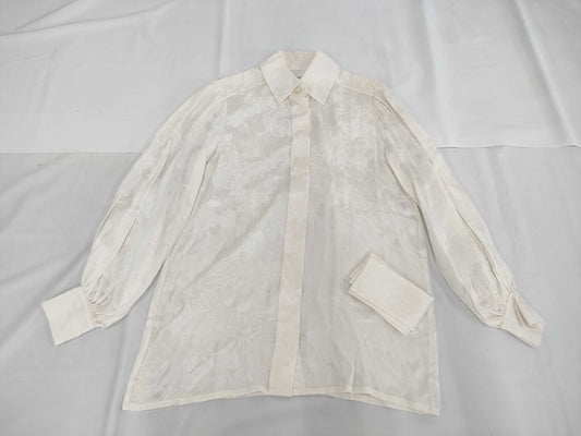 CHANEL All-Logo Graffiti Silk Shirt with Waist Ribbon and Pearl Buttons, Size 38