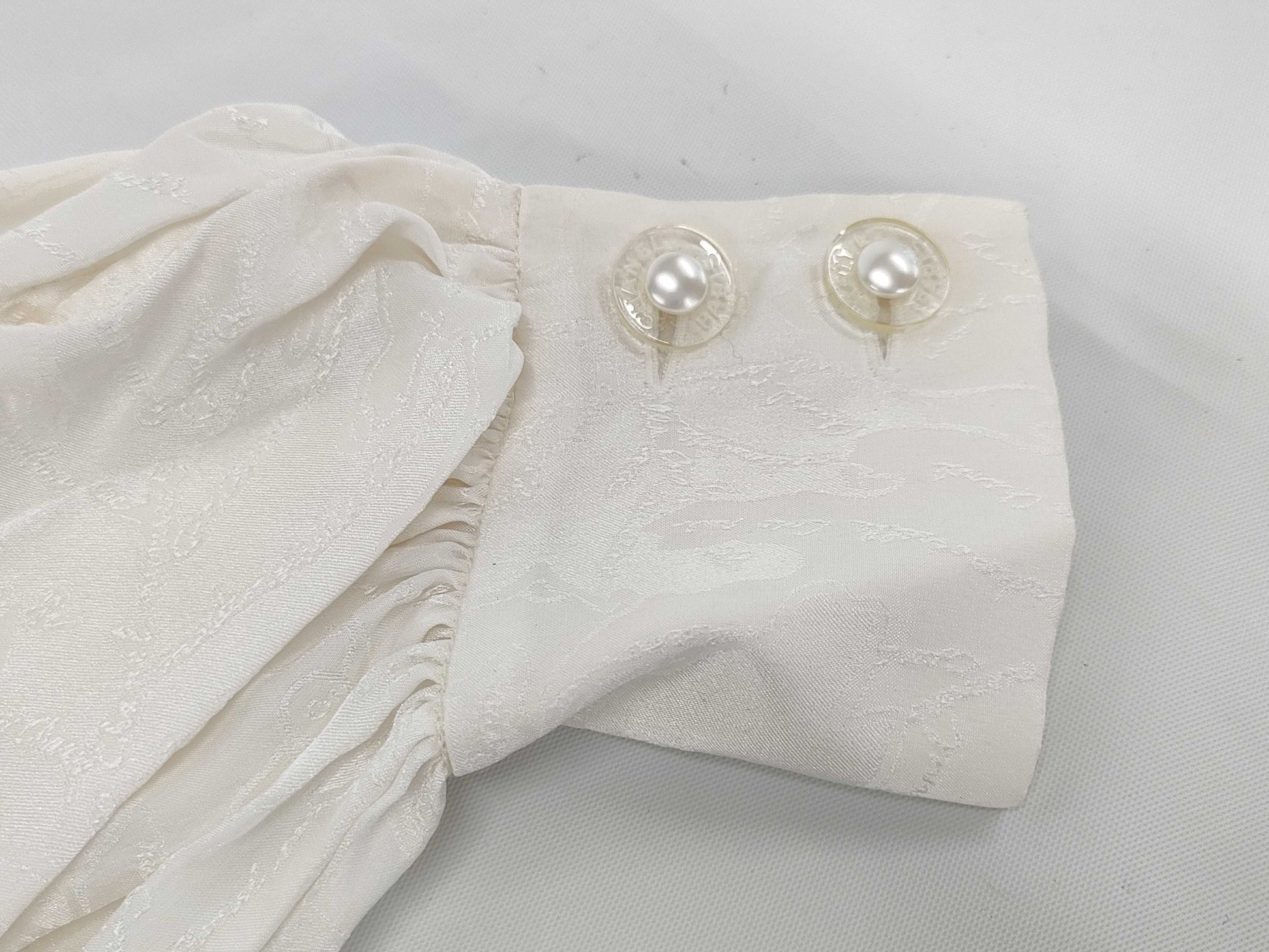 CHANEL All-Logo Graffiti Silk Shirt with Waist Ribbon and Pearl Buttons, Size 38