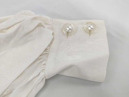 CHANEL All-Logo Graffiti Silk Shirt with Waist Ribbon and Pearl Buttons, Size 38