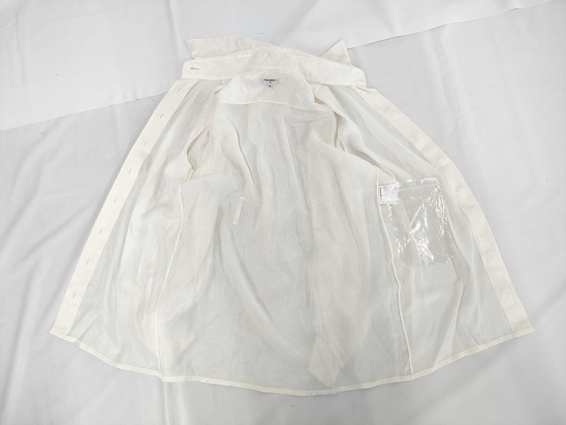CHANEL All-Logo Graffiti Silk Shirt with Waist Ribbon and Pearl Buttons, Size 38