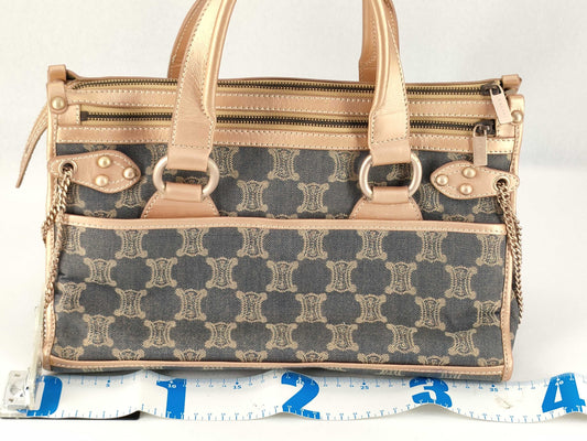 CELINE Macadam Denim Leather Handbag in Gray and Bronze