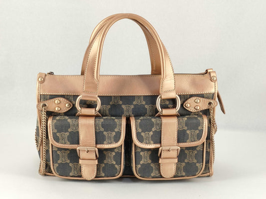 CELINE Macadam Denim Leather Handbag in Gray and Bronze