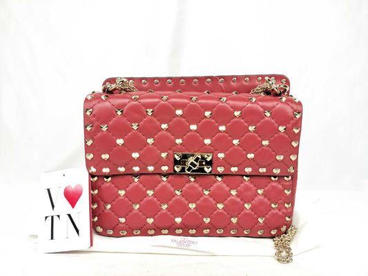 VALENTINO Heart Stud Leather Red Stud Shoulder Bag