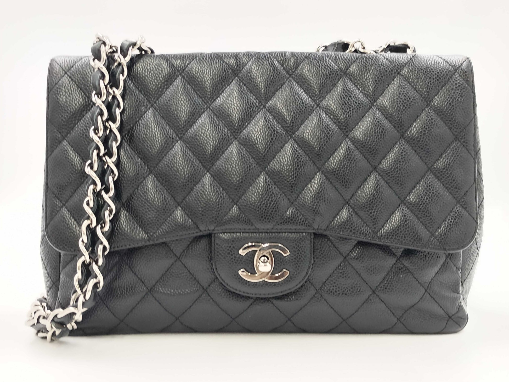 CHANEL Deca Matelasse Chain Shoulder Bag in Black Caviar Leather