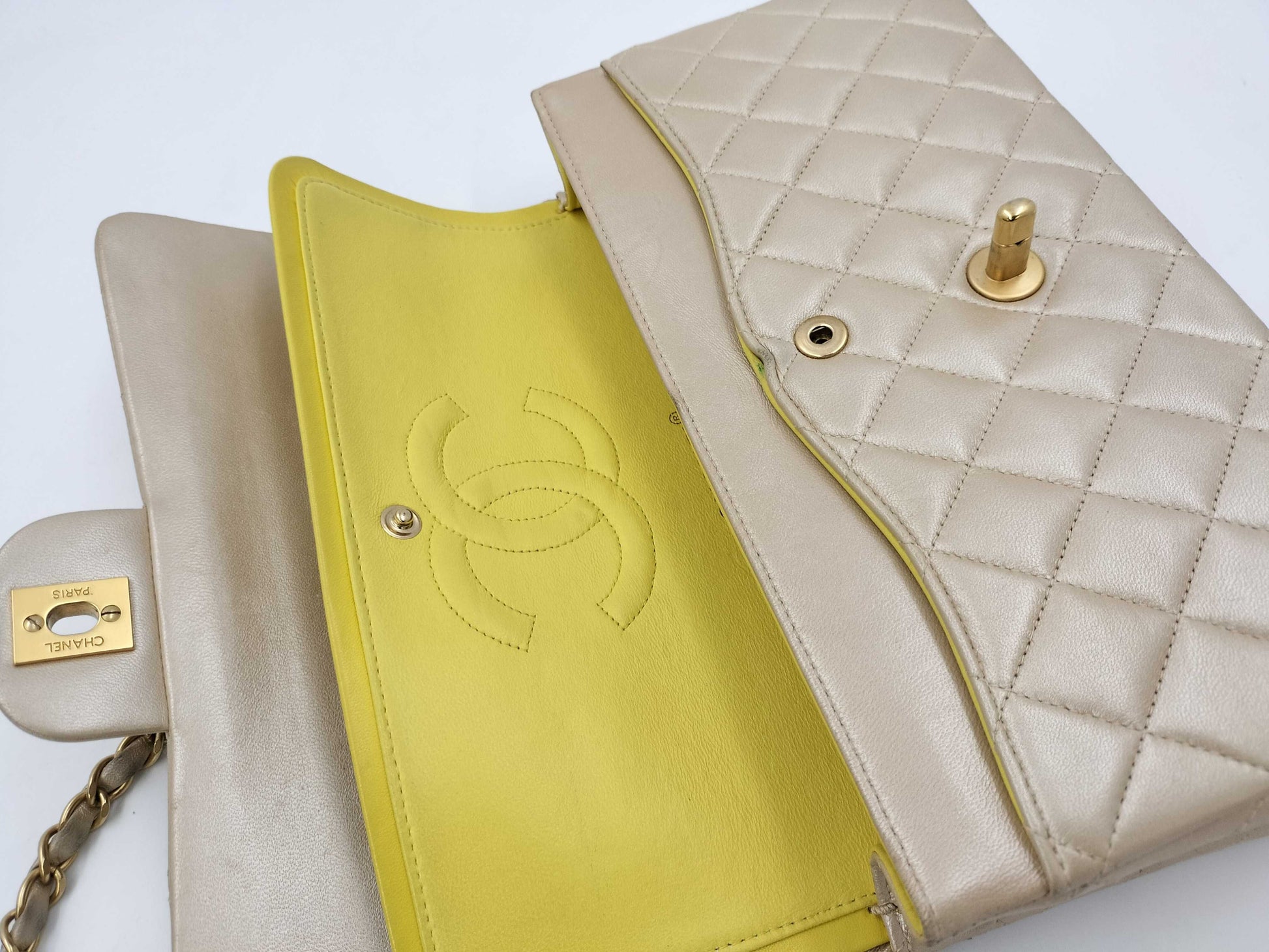 CHANEL Matelasse Lamb Double Flap 25 Shoulder Bag with Seal and Card