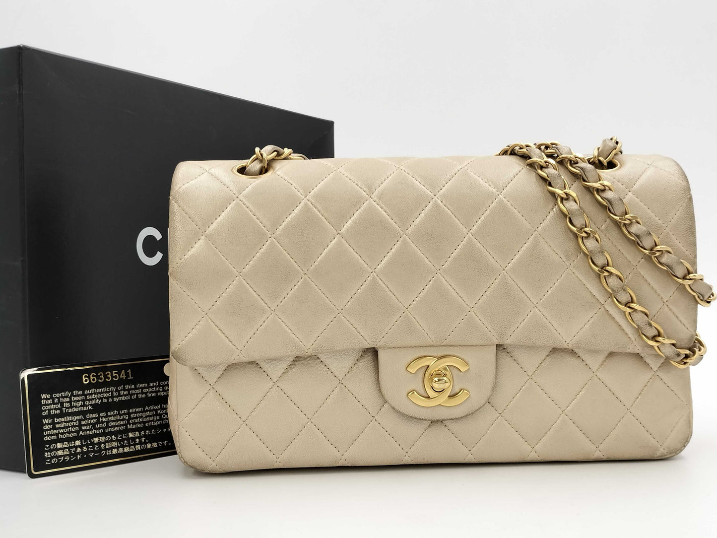 CHANEL Matelasse Lamb Double Flap 25 Shoulder Bag with Seal and Card