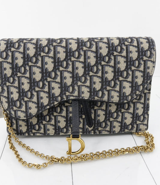 Dior Saddle Oblique Navy Chain Shoulder Bag