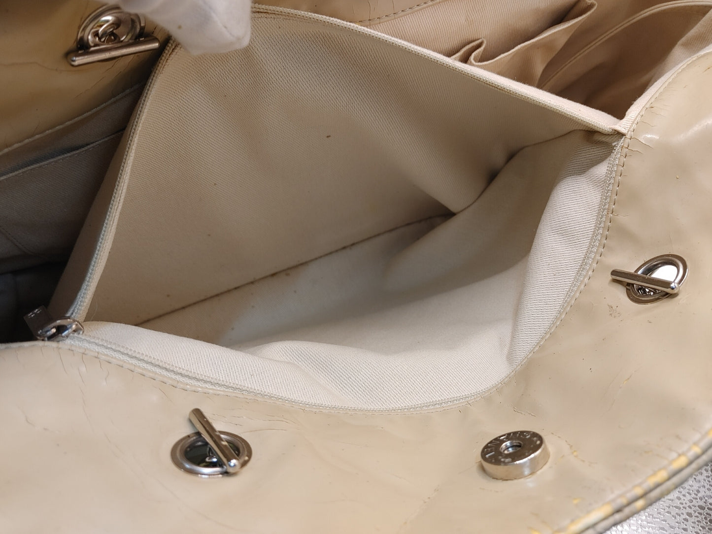 CHANEL Matelasse Chain Shoulder Bag with Seal 14667717, Includes Warranty Card and Bag, Beige Patent Leather Shoulder Bag