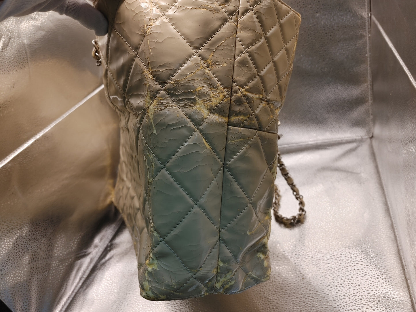 CHANEL Matelasse Chain Shoulder Bag with Seal 14667717, Includes Warranty Card and Bag, Beige Patent Leather Shoulder Bag
