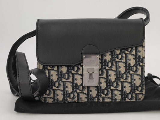 Dior Saddle Shoulder Bag, Oblique Canvas, Blue/Black, Silver Hardware, Dust Bag, Shoulder Bag