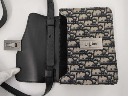 Dior Saddle Shoulder Bag, Oblique Canvas, Blue/Black, Silver Hardware, Dust Bag, Shoulder Bag