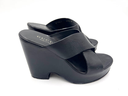 GUCCI 91857 Cross Belt Wedge Sole Black Mules Size 35 1/2