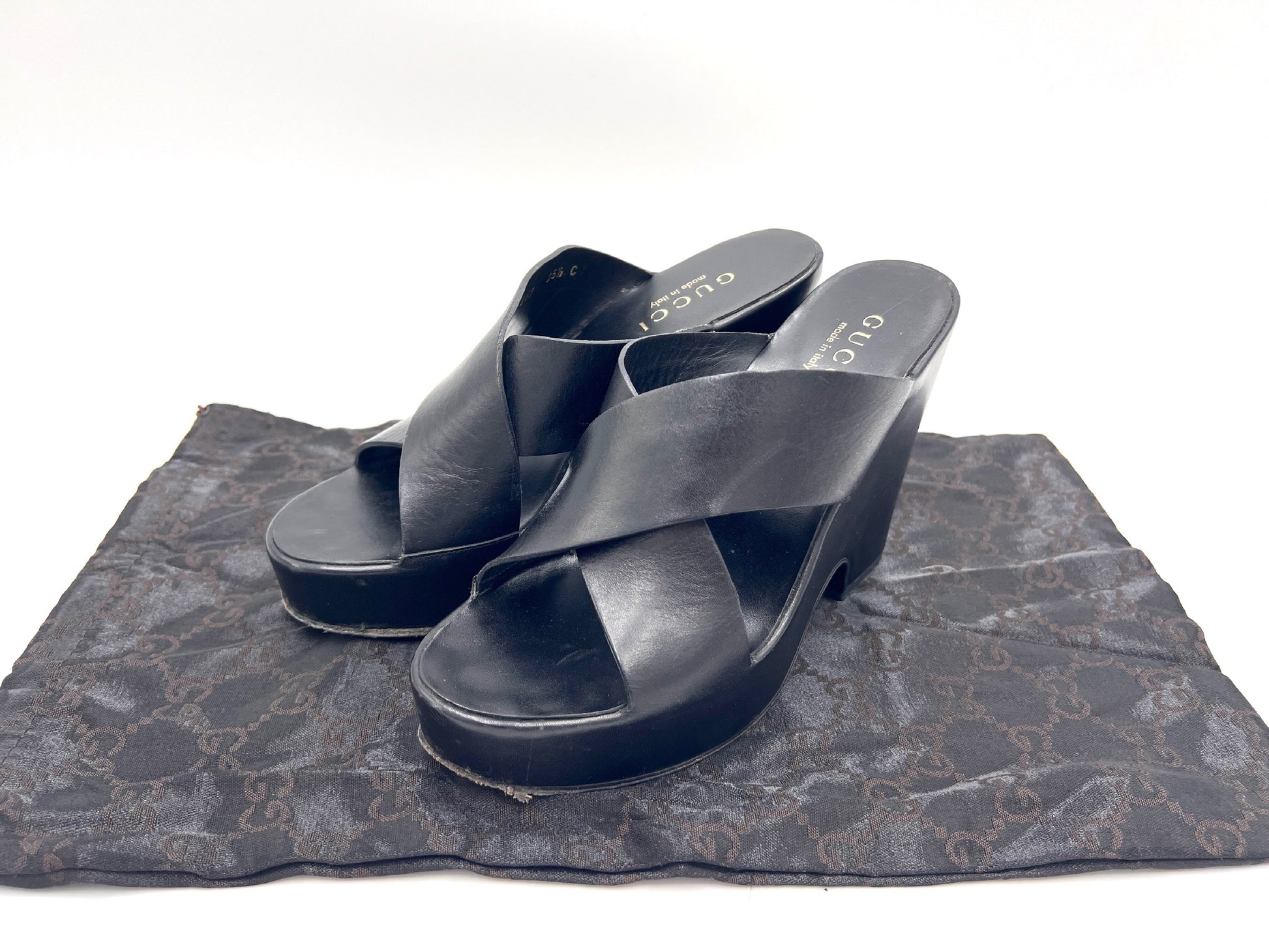 GUCCI 91857 Cross Belt Wedge Sole Black Mules Size 35 1/2