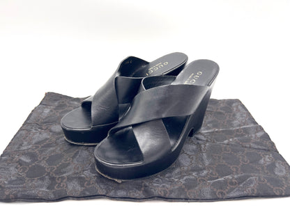 GUCCI 91857 Cross Belt Wedge Sole Black Mules Size 35 1/2