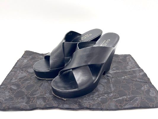 GUCCI 91857 Cross Belt Wedge Sole Black Mules Size 35 1/2