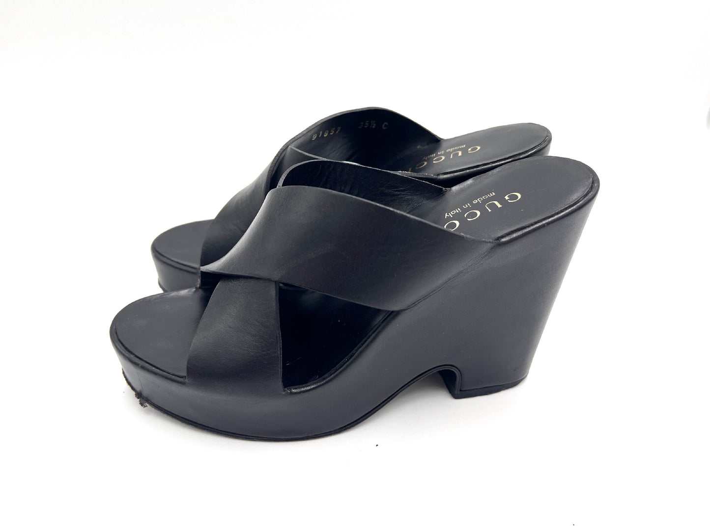 GUCCI 91857 Cross Belt Wedge Sole Black Mules Size 35 1/2