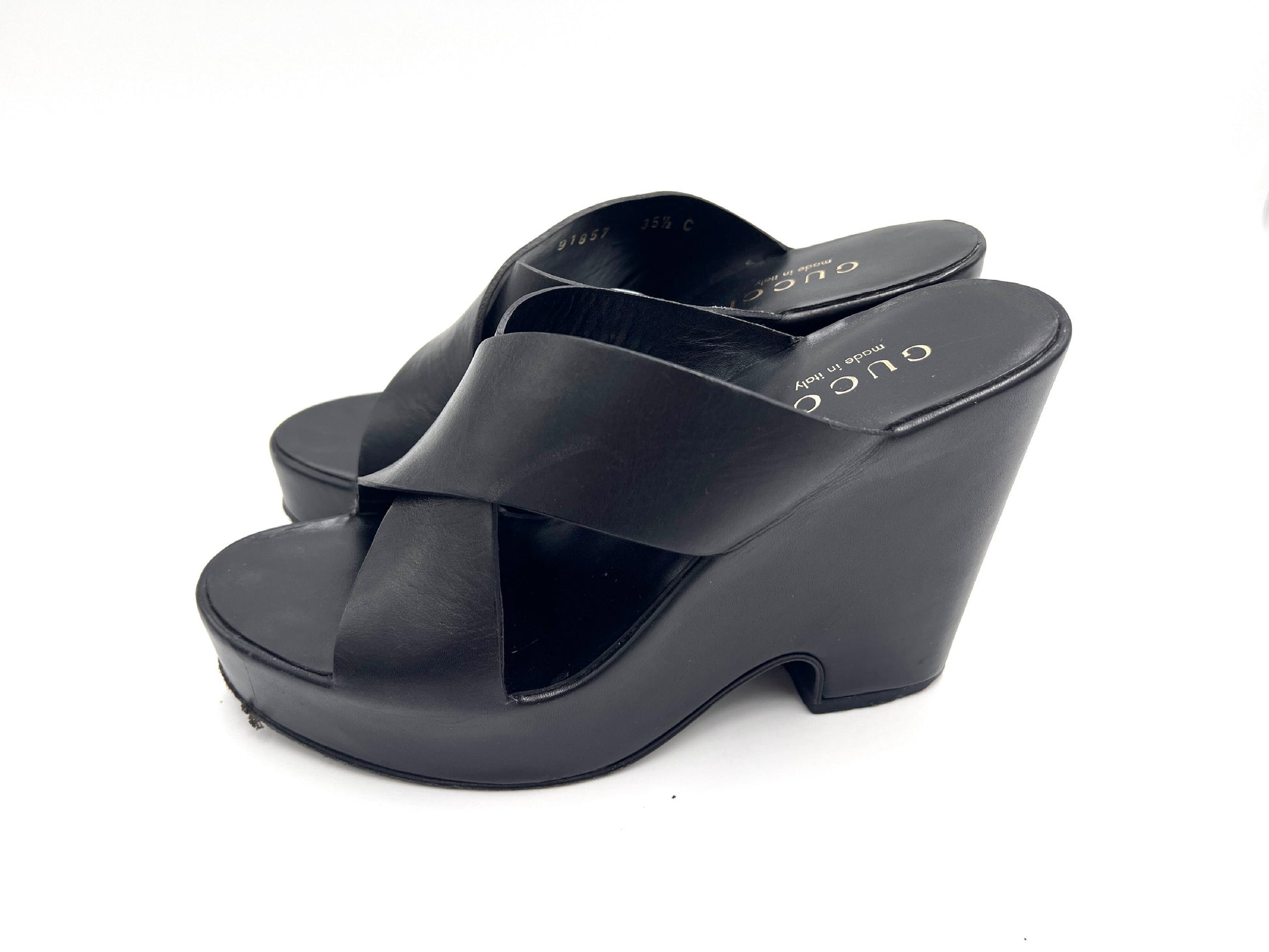 GUCCI 91857 Cross Belt Wedge Sole Black Mules Size 35 1/2