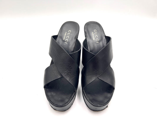 GUCCI 91857 Cross Belt Wedge Sole Black Mules Size 35 1/2