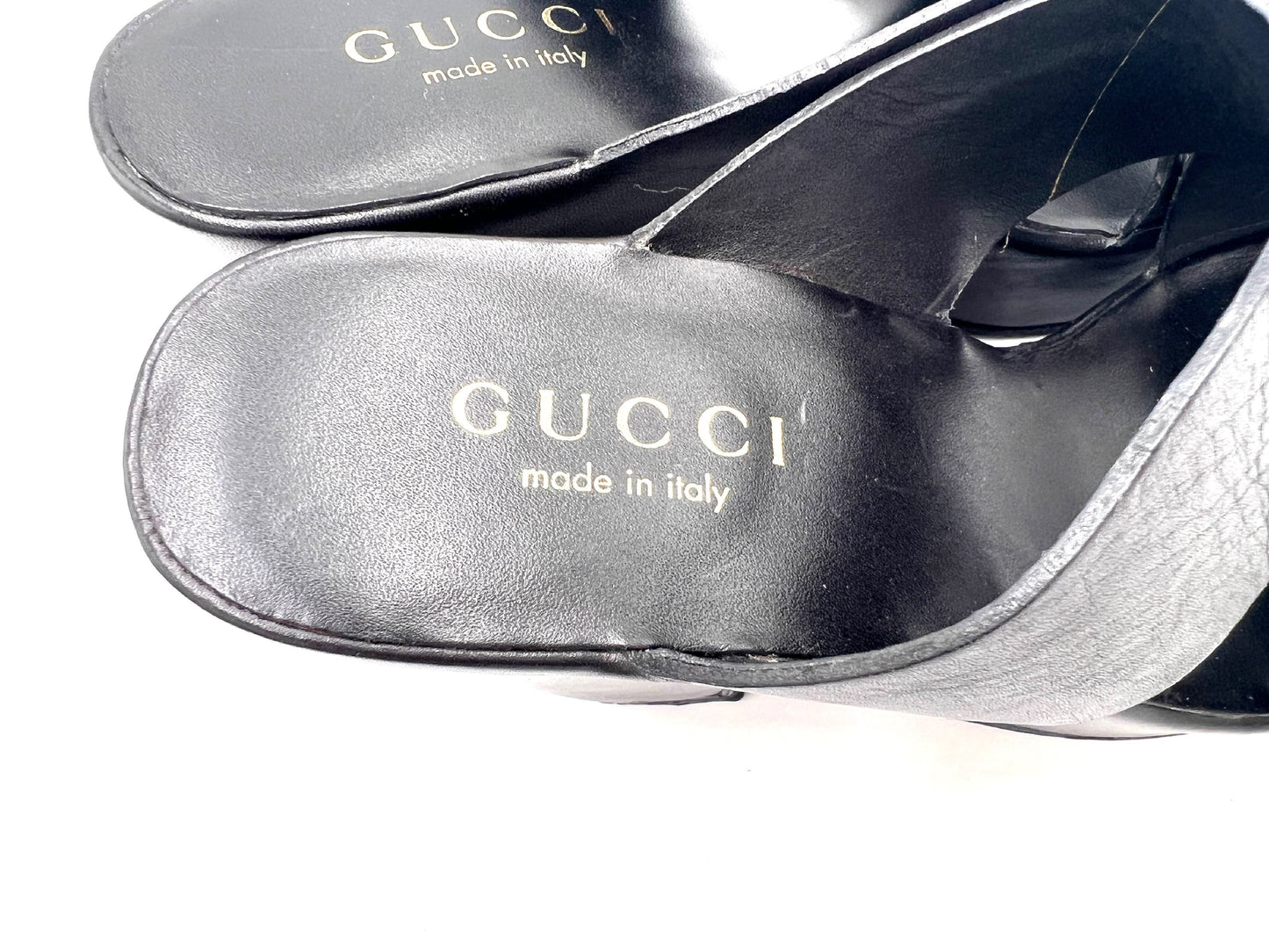 GUCCI 91857 Cross Belt Wedge Sole Black Mules Size 35 1/2