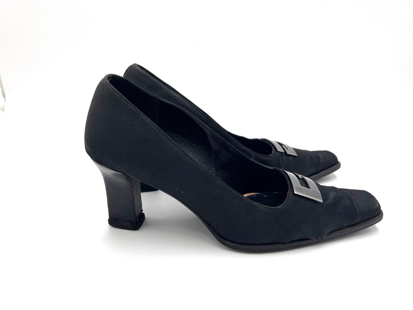 GUCCI Satin G Logo Plate High Heel Pumps Black Size 37