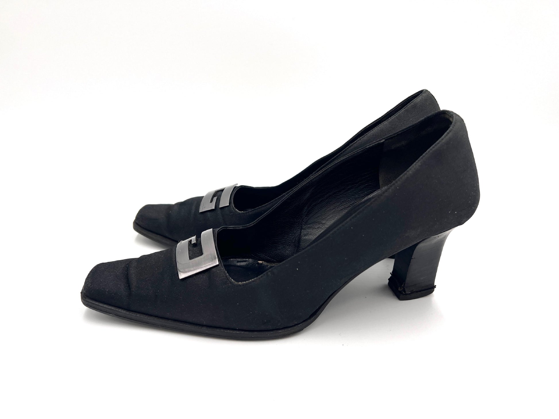 GUCCI Satin G Logo Plate High Heel Pumps Black Size 37