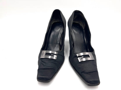 GUCCI Satin G Logo Plate High Heel Pumps Black Size 37