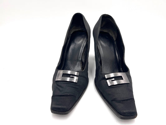 GUCCI Satin G Logo Plate High Heel Pumps Black Size 37