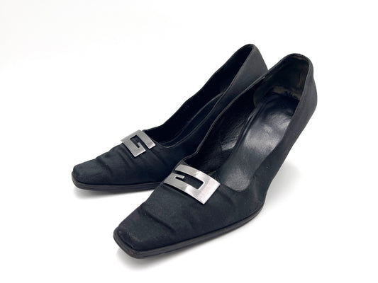 GUCCI Satin G Logo Plate High Heel Pumps Black Size 37