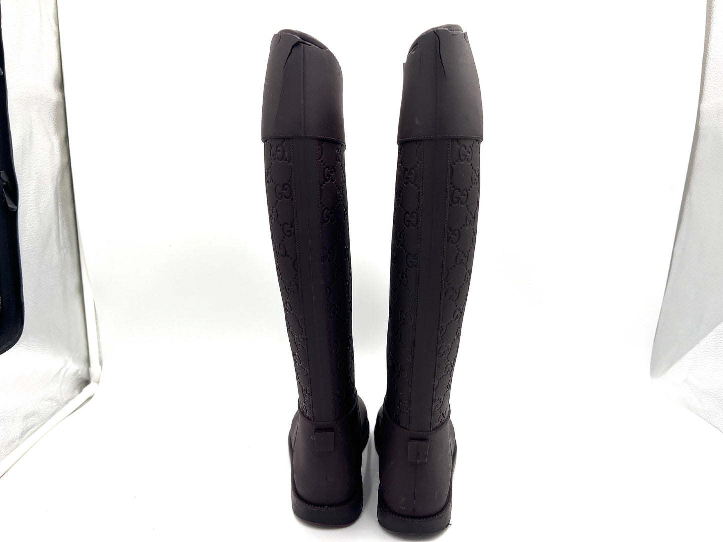 GUCCI Rubber GG Pattern Rain Boots, Dark Brown, Size 37