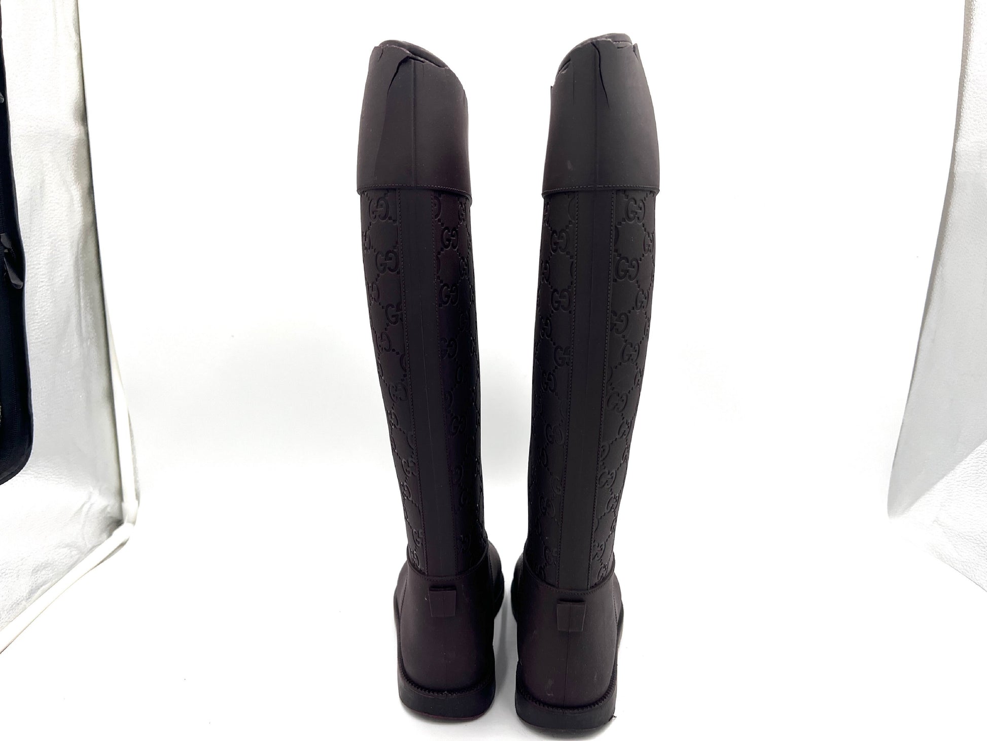 GUCCI Rubber GG Pattern Rain Boots, Dark Brown, Size 37