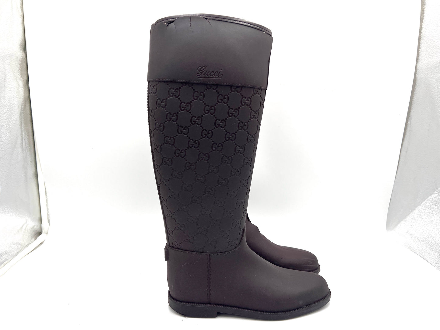GUCCI Rubber GG Pattern Rain Boots, Dark Brown, Size 37