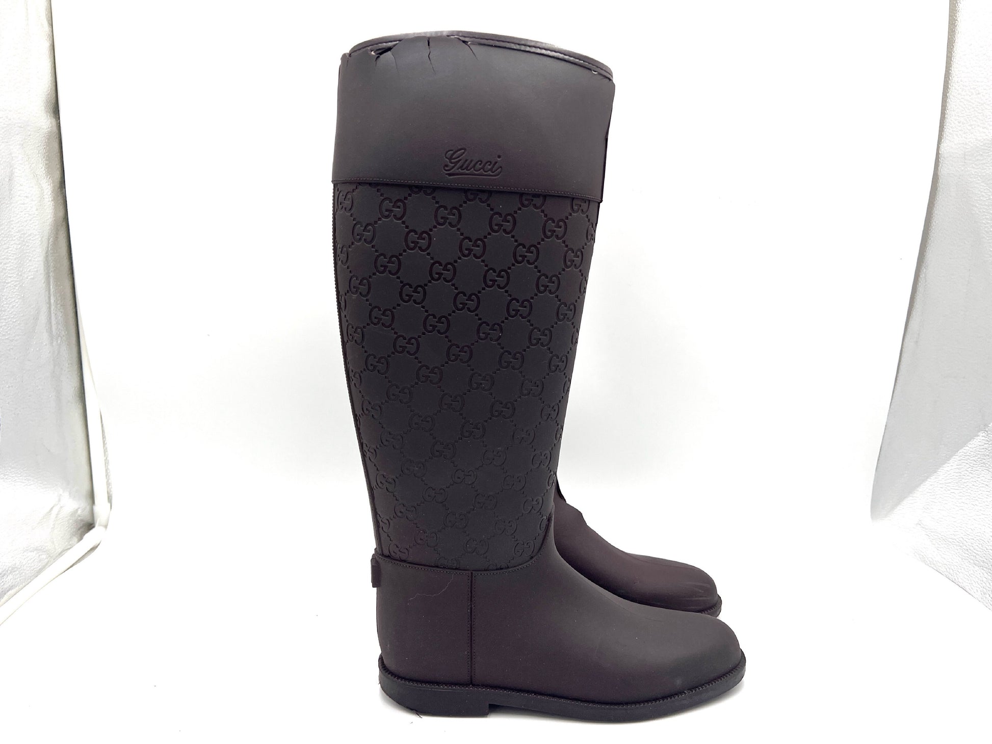 GUCCI Rubber GG Pattern Rain Boots, Dark Brown, Size 37
